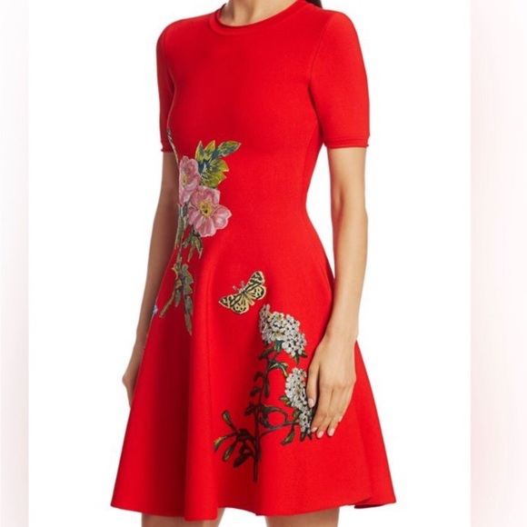 OSCAR DE LA RENTA Embroidered Floral Knit Fit-&-Flare Dress NEW - Picture 2 of 7